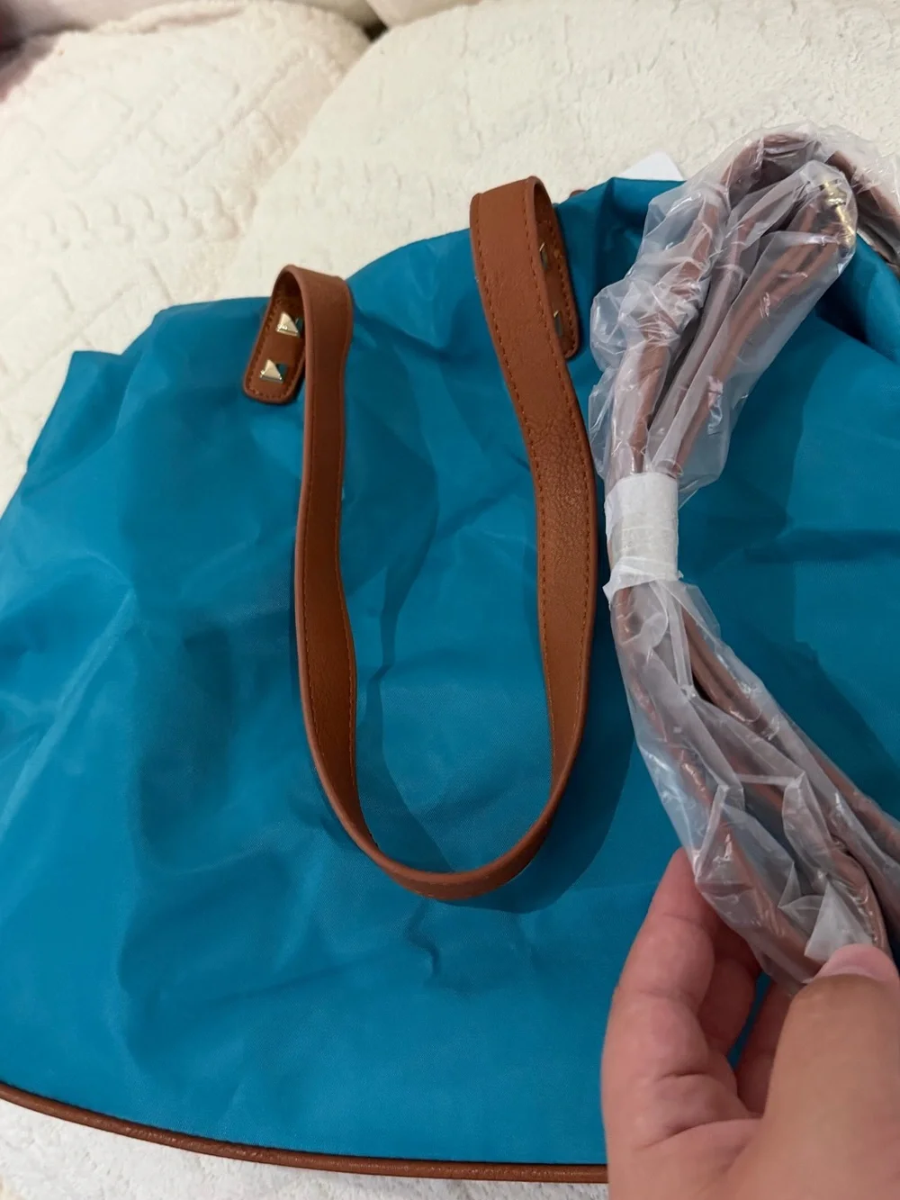 Charming Charlie Blue Nylon Tote bag  with Brown Trim - Women's Shoulder Bag